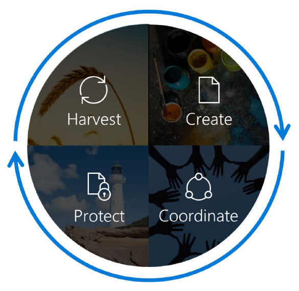 Content Services Lifecycle: Harvest/Create/Coordinate/Protect. Source: Microsoft