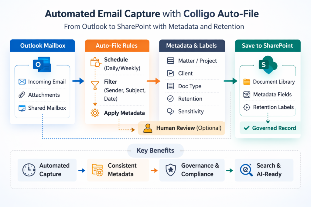 Simple workflow diagram:
Email detected → Rule applied → Metadata assigned → Saved to SharePoint