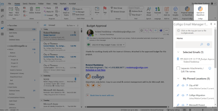 Colligo appears within Outlook and connects directly to SharePoint.
