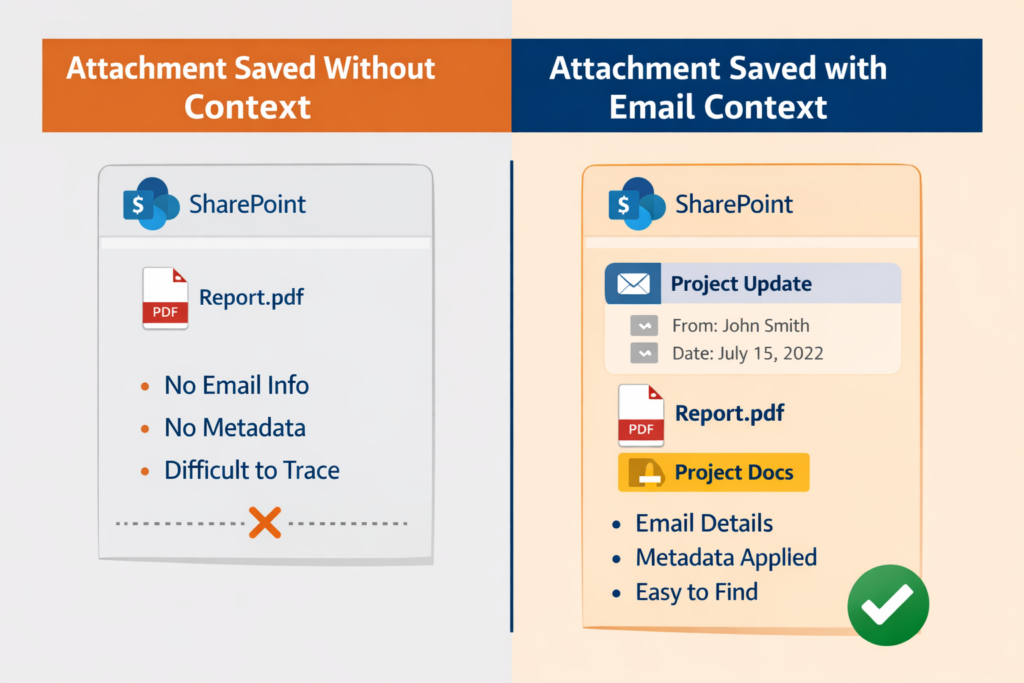Comparison of saving Outlook attachments to SharePoint with and without email context and metadata